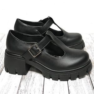 New Black T-Strap Platform Mary Jane Ballet Flats